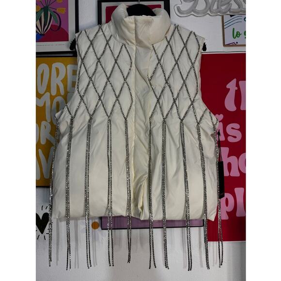 Forever 21 Embellished Puffer Vest – Cream Egret – Rhinestone Trim – Size Small - Picture 3 of 8